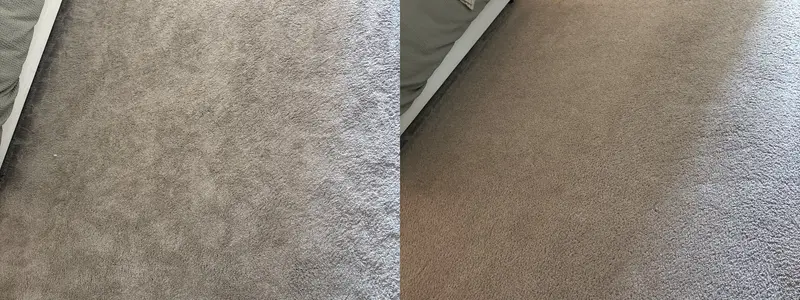Close view of bedroom carpet beside a bed, dull and patchy, then uniform