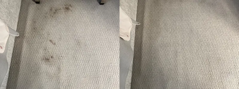 Light beige carpet beside a wooden nightstand, dark spots on the left, none on the right