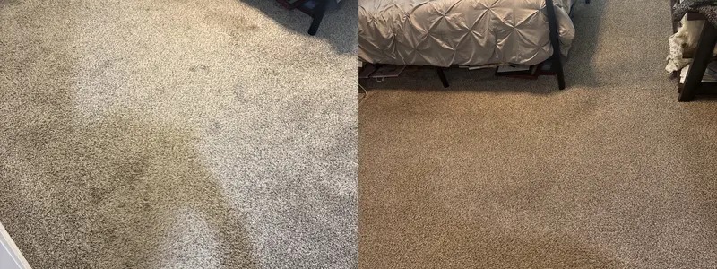 Bedroom carpet with dark traffic soil, then clean carpet photographed from farther back under a bed