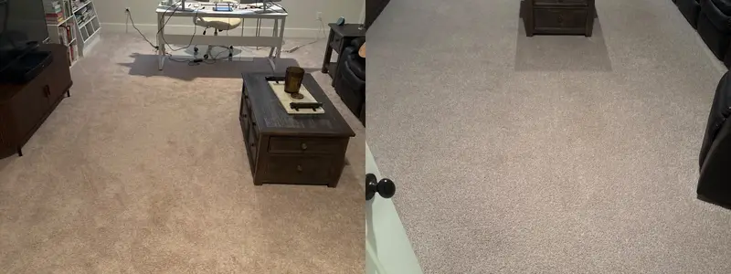 Wide view of beige living room carpet beside a close view of clean beige carpet