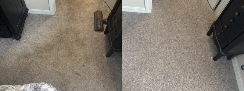 Bedroom carpet heavily soiled in front of a dresser, clean and even afterward
