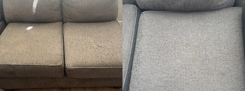 Grey fabric loveseat cushions, soiled and matted on the left, clean grey on the right