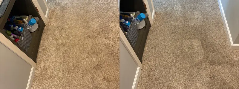 Beige carpet beside a storage cabinet, dark spots on the left, clean carpet on the right