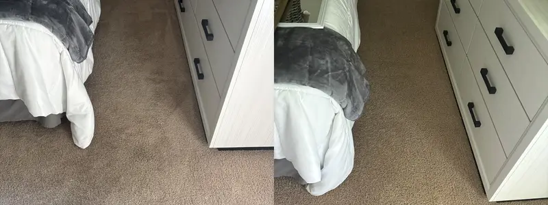 Beige bedroom carpet beside a bed and a white dresser, before and after cleaning