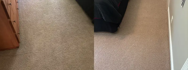 Beige bedroom carpet beside a wooden dresser, and carpet next to a bed and wall