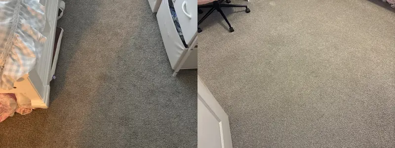 Soiled grey carpet by a white bed and hamper, and clean carpet under an office chair