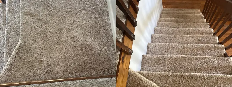 Carpet edge at a wood threshold, and a carpeted staircase with a wooden railing