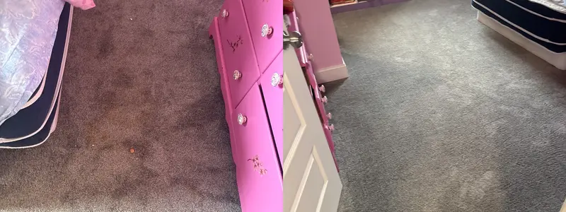 Dark soiled carpet beside a pink dresser, and clean light carpet by a white door