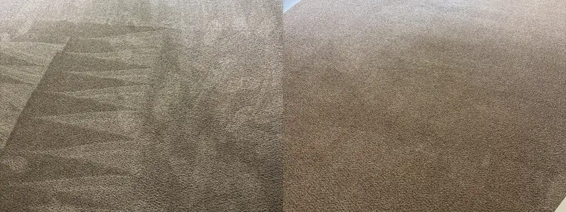 Close-up of tan carpet with dark traffic shading, and the same style carpet cleaned evenly
