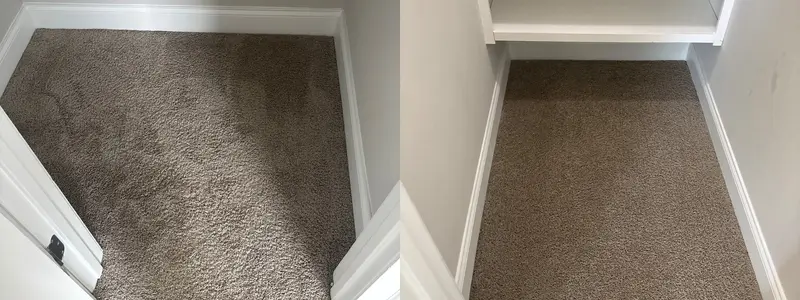 Closet floor carpet with dark soiling on the left, clean even carpet on the right.
