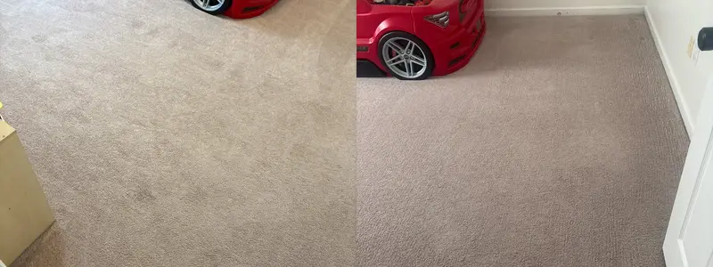 Bedroom carpet beside a red toy car bed, before cleaning and after cleaning.