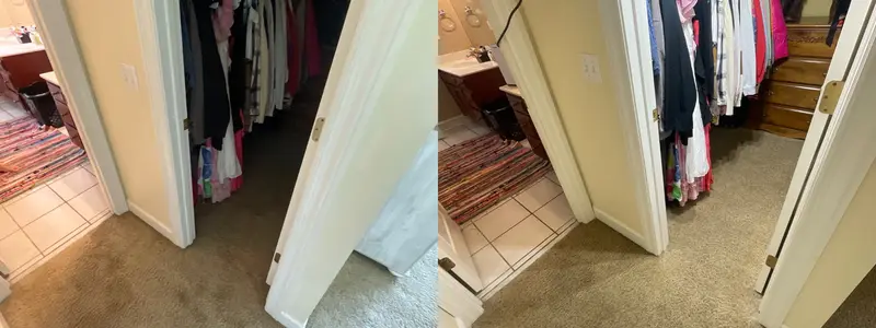Hallway carpet at a closet and bathroom doorway, before cleaning and after cleaning.