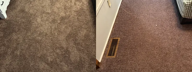 Brown bedroom carpet before cleaning beside cleaned brown carpet near a floor vent and baseboard