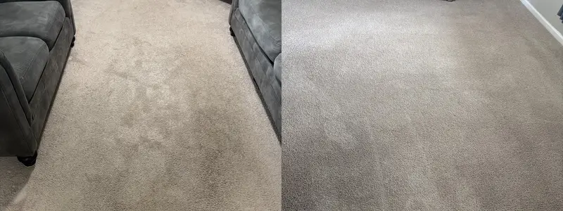Beige living room carpet with dull traffic lanes beside evenly groomed beige carpet after cleaning