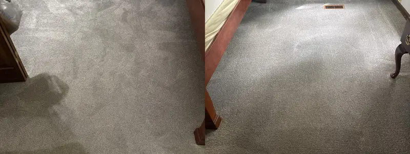 Grey bedroom carpet with dull patches beside grey carpet with fresh groom lines by wood furniture