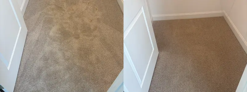 Tan carpet with heavy brown soiling and orange spots beside clean tan carpet in a corner