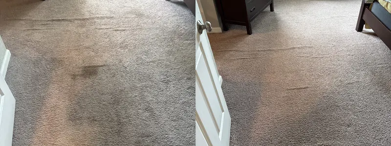 Tan bedroom carpet with a dark spot beside the same floor clean inside a bedroom doorway