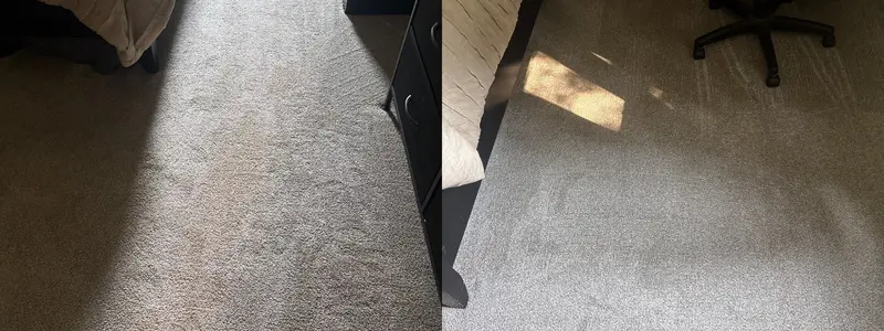 Bedroom carpet before and after cleaning, with a bed and dresser at the frame edges