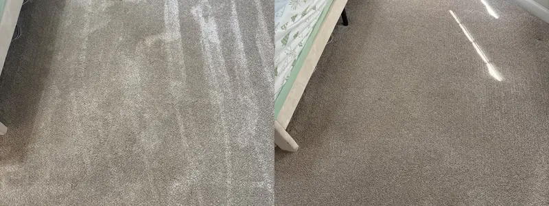 Bedroom carpet showing dull traffic streaks beside a bed, then a lighter even finish