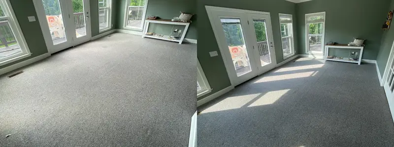 Green sunroom with berber carpet, dull before and clean after, patio doors and bench visible