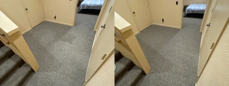 Gray carpet landing at the top of stairs, dark stain gone in the after frame
