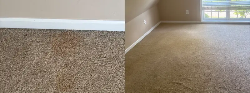 Tan carpet with a rust-colored stain beside a baseboard, and a wide view of clean carpet