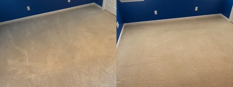 Beige bedroom carpet against a blue wall, soiled traffic marks before, evenly groomed after