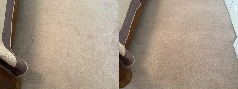 Beige carpet beside a wooden sofa leg, spots visible before and gone after cleaning
