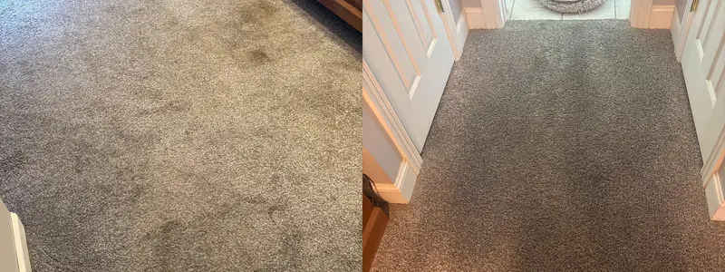 Gray-tan carpet with traffic soiling before and clean carpet by a hallway doorway after