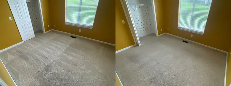 Empty bedroom with worn traffic marks across beige carpet, then the same carpet cleaned and even