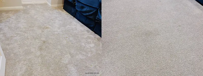 Beige bedroom carpet along a baseboard, dingy traffic soiling removed in the after half