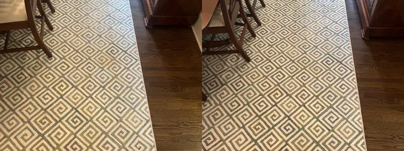 Patterned cream and blue runner rug on a wood floor between chairs, dingy then brighter and cleaner