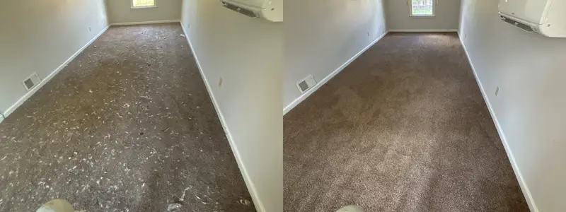 Bonus room carpet covered in white debris before, and clean vacuumed carpet after