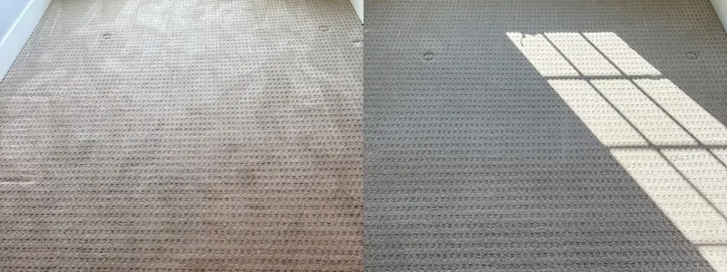 Close-up of patterned berber carpet, soiled tan on the left, clean gray on the right