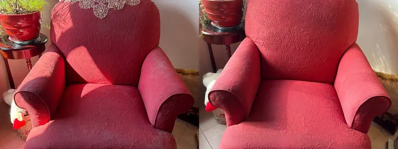 Red upholstered armchair in a room corner, dusty and dull, then clean and evenly colored
