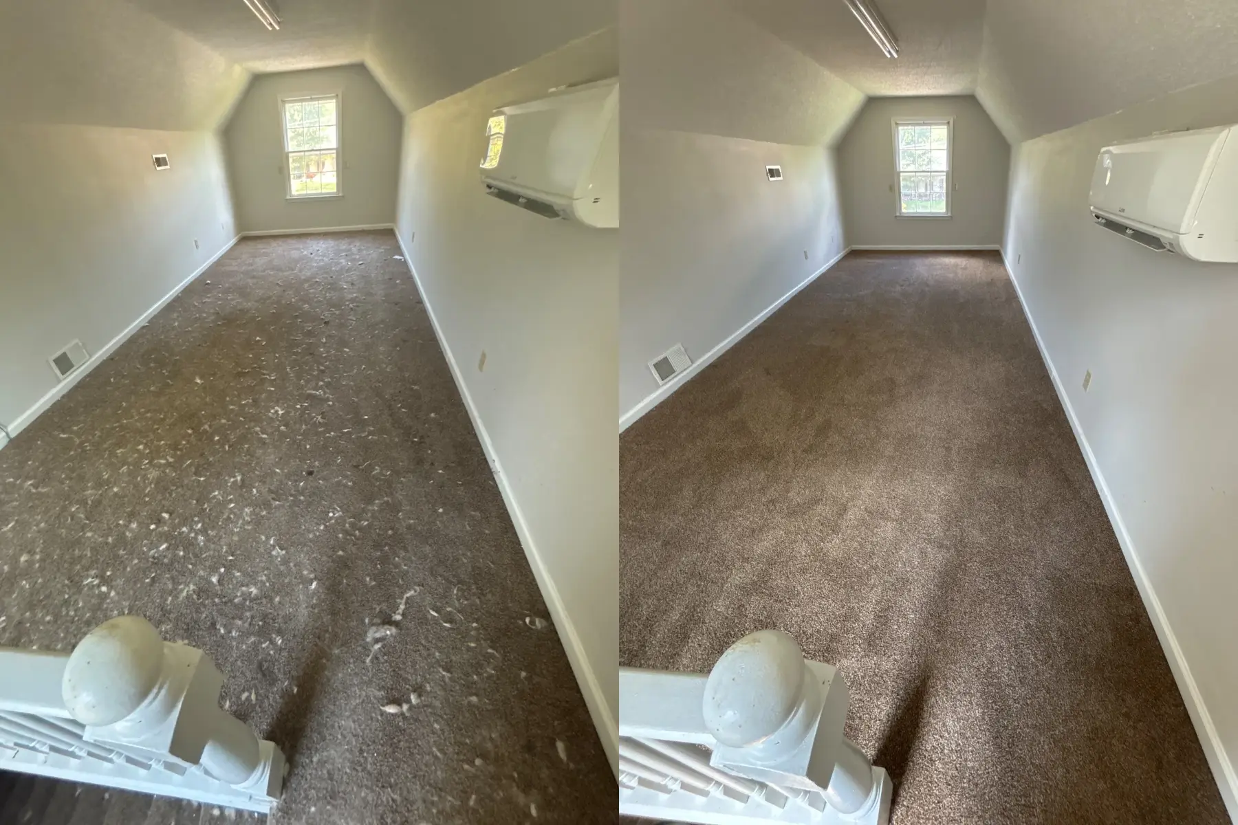 The floor was buried in white debris and dirt; now the carpet is clear and even all the way down the room.