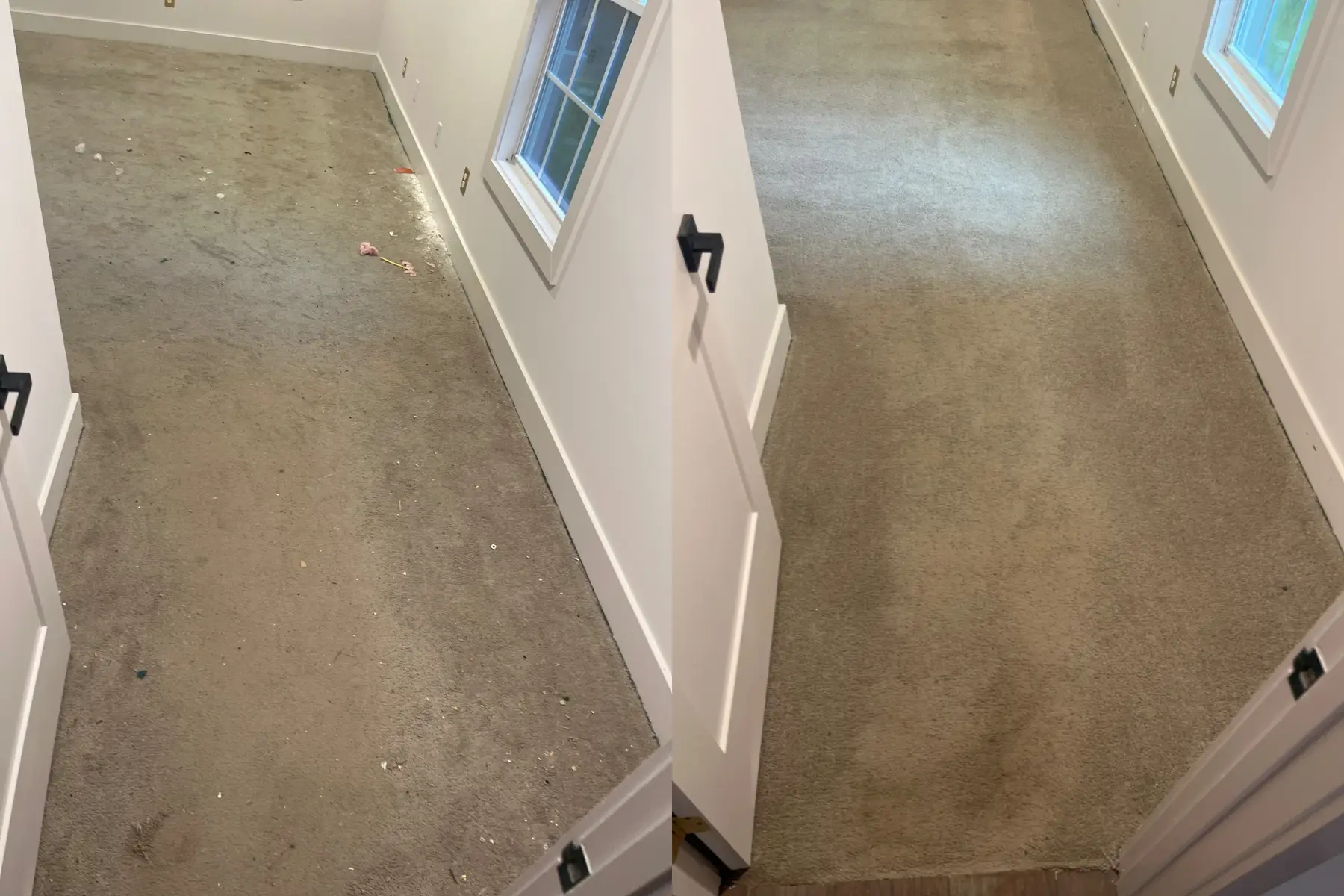 The grey film and all the building grit are gone, and the floor is back to an even, clean tan right up to the edges.