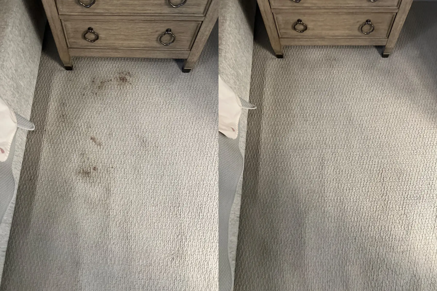 The reddish spots in front of the nightstand are gone and the carpet is back to one clean, even shade.
