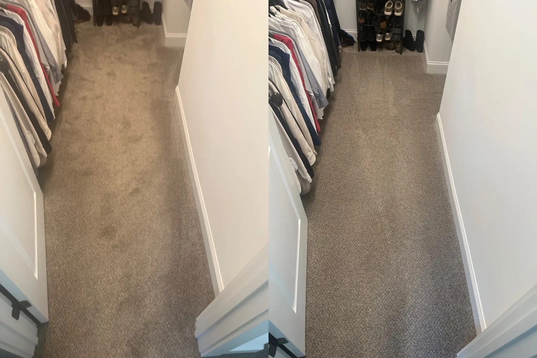 The dark smudges down the middle of this closet floor came out and the speckled carpet looks new again.
