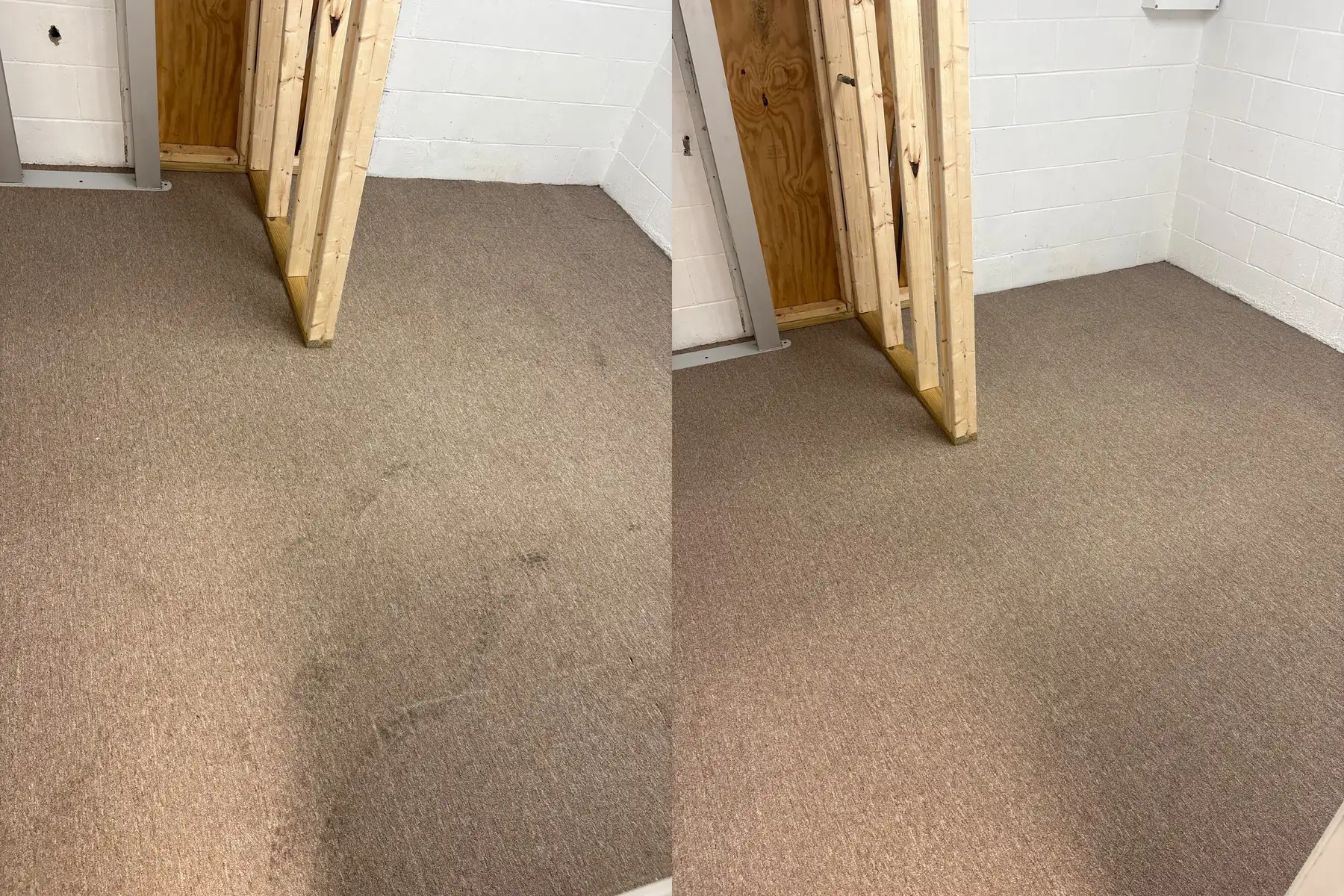 The dark scuffed patch in the middle of this floor lifted and the carpet is one even shade again.