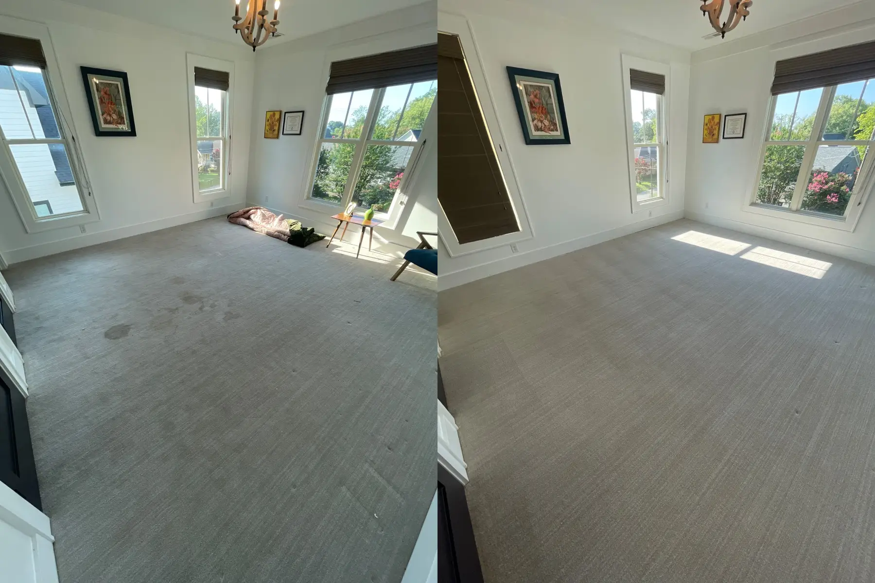 The dark spots across the middle of this floor are gone and the carpet is even from wall to wall.