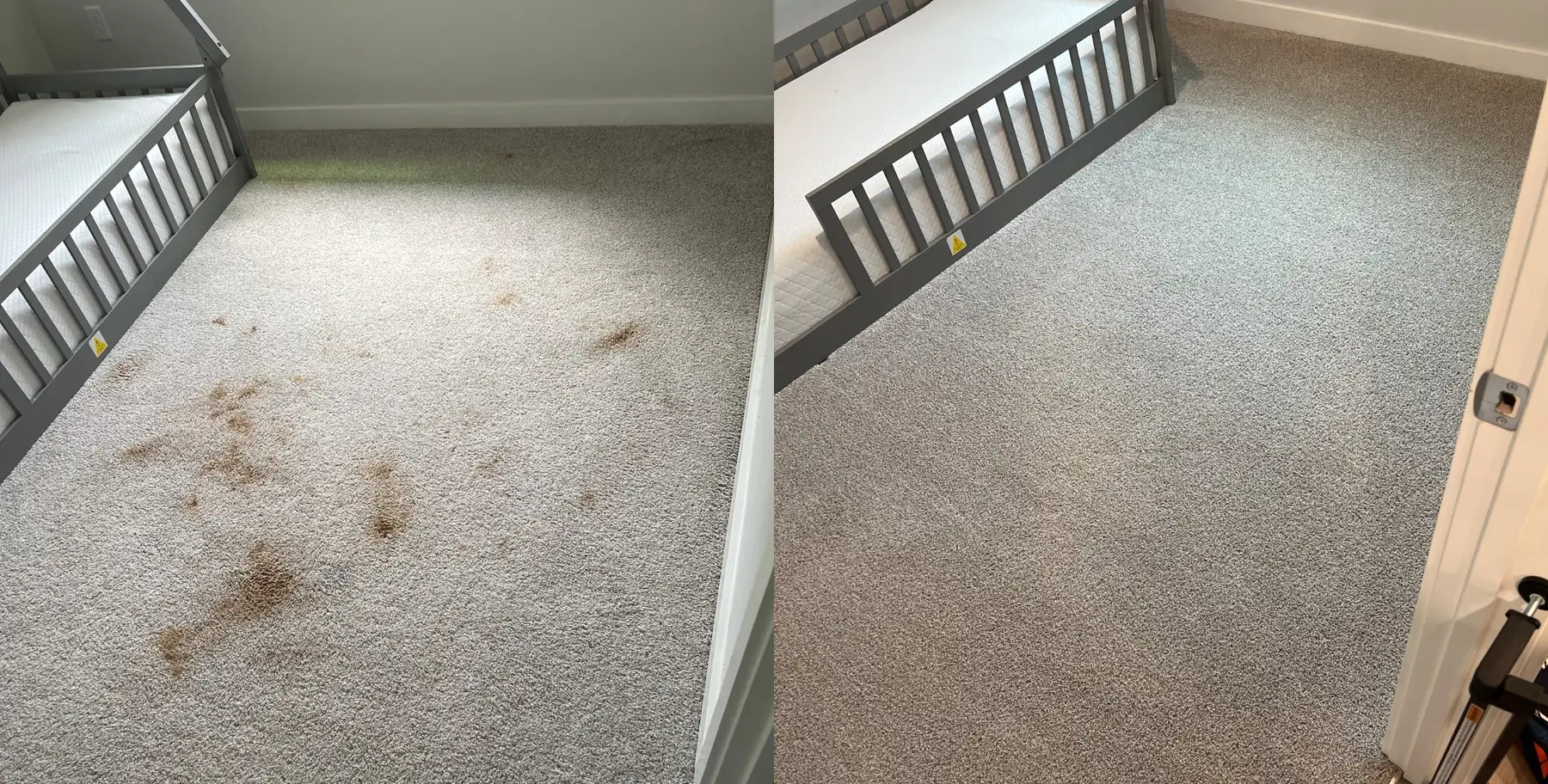 The trail of brown spots across this child's bedroom floor came out completely and the carpet is one clean even shade.