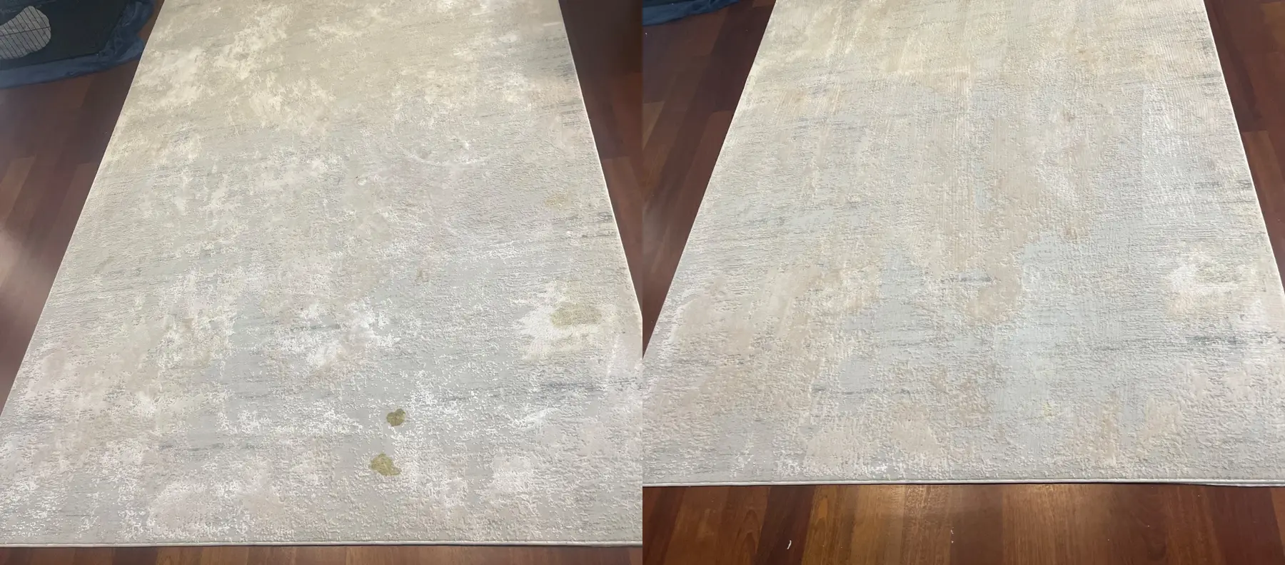The yellow pet marks across this rug are gone and the pattern reads evenly again.
