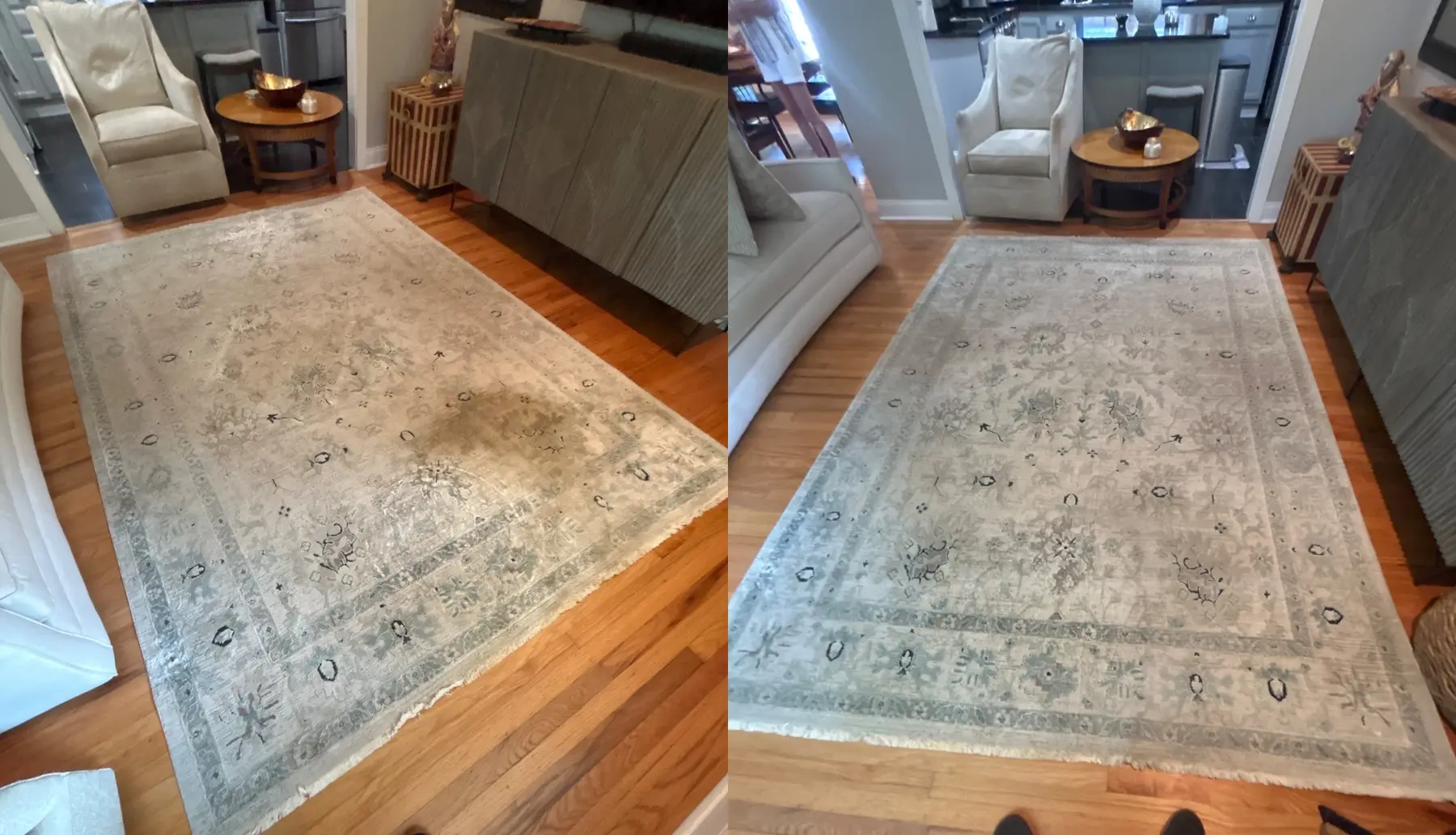 A large patterned Oriental rug before and after cleaning
