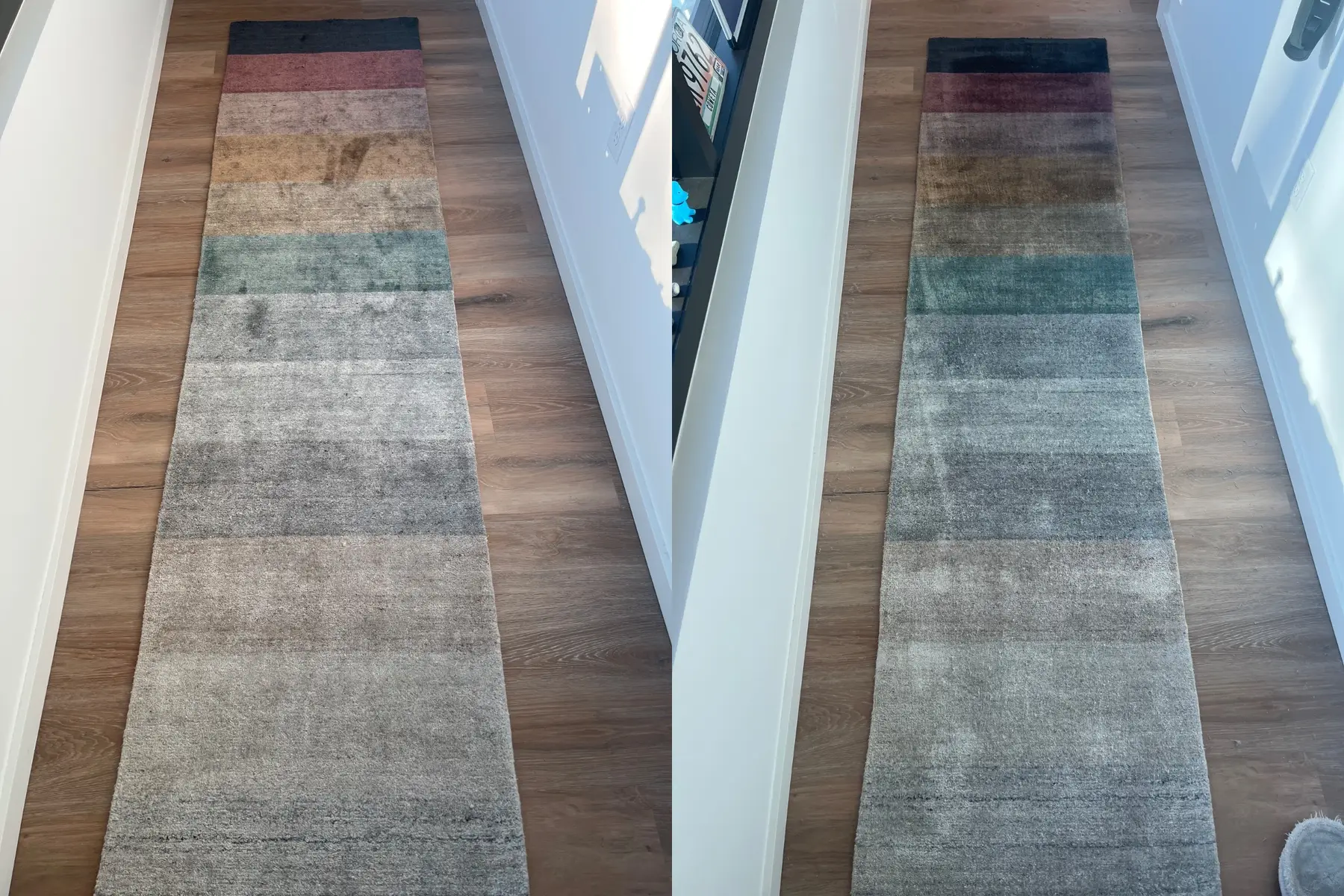 A striped hallway runner before and after cleaning