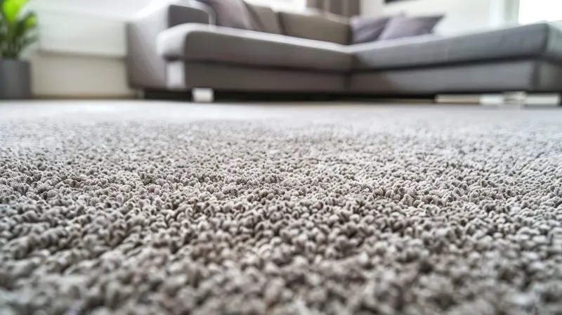 Gray carpet cleaned in front of a sofa in an older rental near Chattanooga