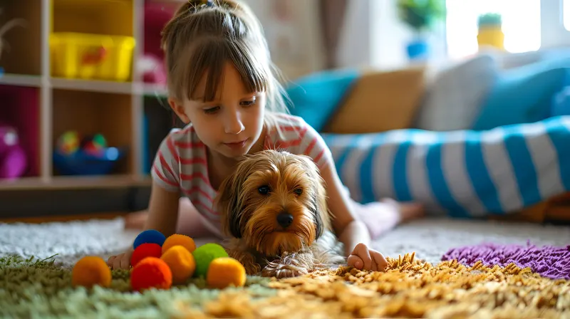 A girl sitting on freshly cleaned carpet with her dog