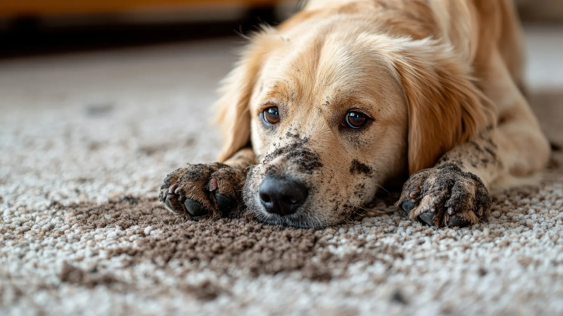 Dog with muddy paws standing on a carpeted floor