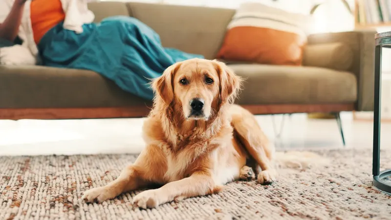 Dog lying on a freshly cleaned area rug in a living room