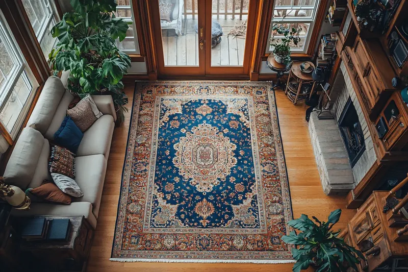 Clean area rug drying in place on the floor after cleaning